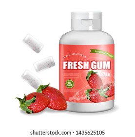 Chewing gum Vector realistic. Product placement detailed label design. Packaging bottles. Strawberry Fruit flavor. 3d illustration