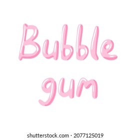 Ilustración de texto vectorial de goma de mascar. Gracioso chicle de burbujas con letras rosas, blancas, dulces y graciosas letras
