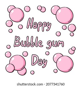 Chewing gum vector text illustration. Funny pink lettering bubble gum on white, pink letters, candy funny lettering in bubbles