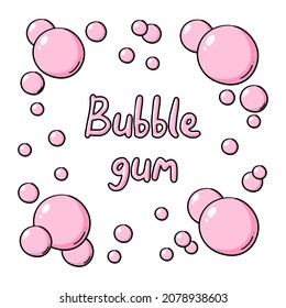 Chewing gum vector text illustration. Funny pink lettering bubble gum on white, pink letters, candy funny lettering in bubbles