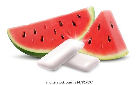 Chewing gum Watermelon flavor. Chewing pads with fresh watermelon friut isolated on white background. Product placement detailed label design. Realistic 3d vector illustration.