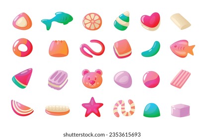 Chewing jelly candies. Cartoon colorful gummy bear sweets, kids chewing gummi fruits, mint chocolate candy multicolored assortment. Vector isolated set. Dessert snack, chewing gum of different shapes