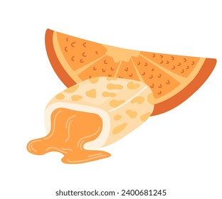 Chewing pads with an orange. Bubblegum candies, sugar desserts, marmalade. Sweet snack in pack for children. Vector illustrations isolated on the white background 