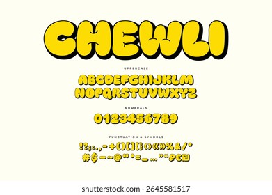 Chewli is a playful, extra-bold bubble display font with soft rounded shapes, perfect for attention-grabbing titles, logos and kids’ packaging