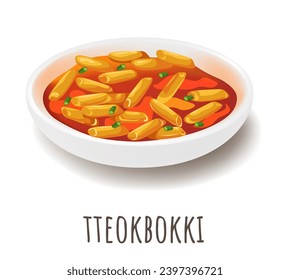 Chewy and dense rice cakes cooked in sweet and spicy Korean red pepper paste. Isolated plate with tteok in gochujang sauce garnished with sliced scallions. Street food snack. Vector in flat style