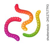 Chewy gummy worms. Cartoon marmalade shaped like worms, jelly candies, cute tasty sweets flat vector illustration. Sugary worms set