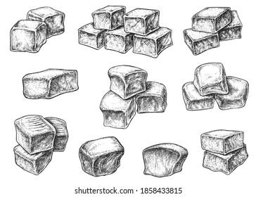 Cubo de caramelo dulce dulce de caramelo dulce de caramelo de caramelo. Delicioso postre de pastelería de postre de leche hecha de jarabe de azúcar y leche ilustración unitaria y vectorial de pila aislada en fondo blanco