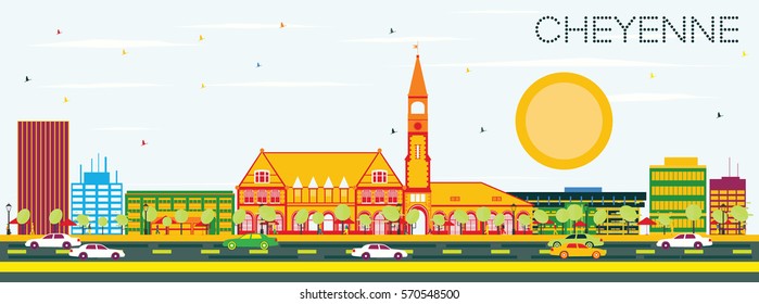 Cheyenne Skyline with Color Buildings and Blue Sky. Vector Illustration. Business Travel and Tourism Concept. Image for Presentation Banner Placard and Web Site.