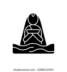 Chhath Puja ancient festival black glyph icon. Praying for wellbeing and wealth. Meditation in water. Chhath Parva. Religious rituals. Silhouette symbol on white space. Vector isolated illustration