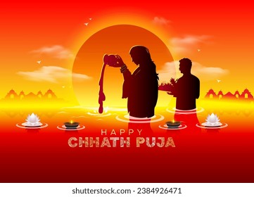 Chhath Puja background design. Indian couple standing pound and doing prayer of god sun.