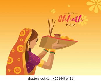 modelo de design de saudação do chhath puja Festival. Ilustração vetorial de mulher indiana com puja thali.