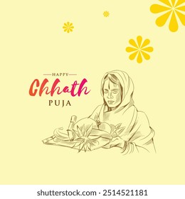chhath puja Festival Greeting design template. Vector sketch of indian woman with puja thali.