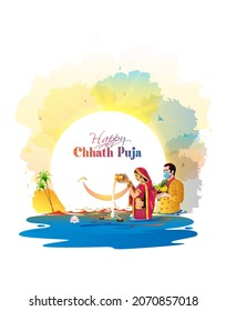 Chhath Puja festival poster. Beautiful Indian family couple doing pryer and offering water arghya fruits to Sun God on sunrise and bathing in holy river