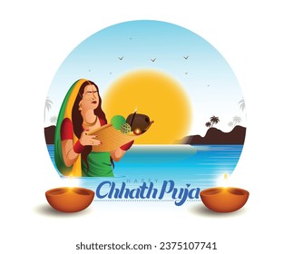 Chhath Puja Indian Women doing prayer of sunrise and bathing in holy river in Bihar bengal