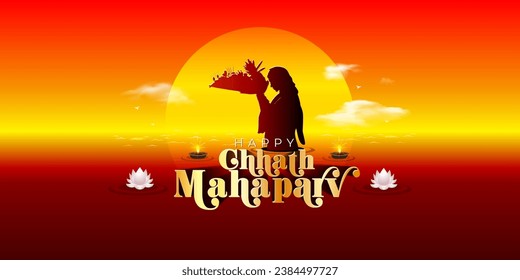 Diseño de pancartas de Chhath Puja o Chhath Mahaparv. Festival hindú de veneración al sol. antecedentes de mujeres haciendo oración con cubeta de fruta.