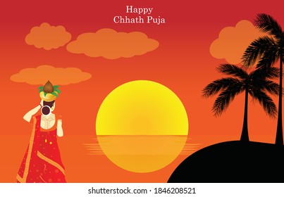 Chhath Puja vector illustration with lady with kalash in sunset background.