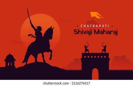 Chhatrapati Shivaji Maharaj Indian Maratha warrior king silhouette vector illustration and Hindi typography banner layout