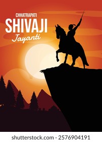 Chhatrapati Shivaji Maharaj Jayanti calligraphy in Hindi, Marathi with Silhouette Vector of Chhatrapati Shivaji Maharaj Indian Maratha warrior king social media banner layout design