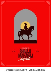 Chhatrapati Shivaji Maharaj Jayanti text with Silhouette Vector of Chhatrapati Shivaji Maharaj Indian Maratha warrior king poster, banner design 