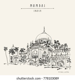 Chhatrapati Shivaji Maharaj Vastu Sangrahalaya (former Prince of Wales museum) in Mumbai (Bombay), India. British colonial architecture sketch, palm trees. Travel vintage hand drawn postcard. Vector