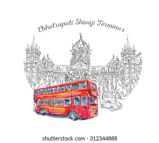 Chhatrapati Shivaji Terminus and red bus an historic railway station in Mumbai, Maharashtra, India. Vector illustration