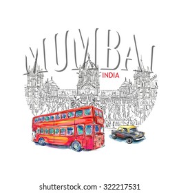 Chhatrapati Shivaji Terminus and red bus an historic railway station in Mumbai, Maharashtra, India. Vector illustration