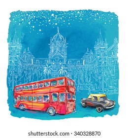 Chhatrapati Shivaji Terminus and red bus at night an historic railway station in Mumbai, Maharashtra, India. Vector illustration