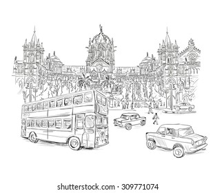 Chhatrapati Shivaji Terminus Victoria Terminus. An historic railway station in Mumbai, Maharashtra, India, with a double decker bus and a taxi in the foreground. Vector illustration