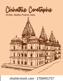 Chhatris Cenotaphs Orchha, Madhya Pradesh, India. sketch to vector illustrator