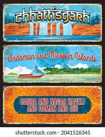 Chhattisgarh, Andaman y Nicobar, Dadra y Nagar Haveli y Daman y Diu placas de cosecha de los estados indios. Señales envejecidas de destino de viajes de vectores, puntos de referencia en India. Paneles retro o conjunto de banderas