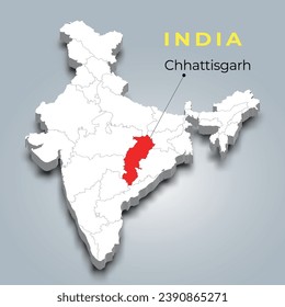 Localización del mapa de Chhattisgarh en el mapa isométrico 3d indio. Ilustración vectorial del mapa de Chhattisgarh