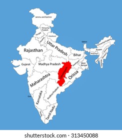 Chhattisgarh, Chhattisgarh state, India, vector map silhouette illustration isolated on India map. Editable blank vector map of India. 