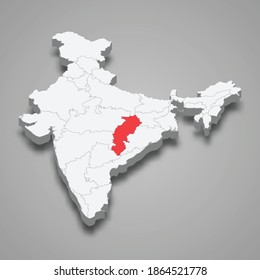 Localización del estado de Chhattisgarh en India Mapa isométrico 3d