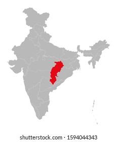 Chhattisgarh state marked red on indian map vector. Light gray background. Perfect for business concepts, backdrop, backgrounds, label, sticker, chart etc.