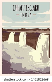 Afiche retro de la cascada de Chhattisgarh. Ilustración de viaje de Chhattisgarh. Tarjeta de felicitación de los estados de la India. 