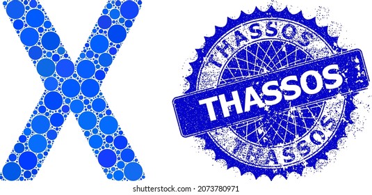 Chi Greek symbol vector mosaic of dots in various sizes and blue color tints, and scratched Thassos stamp. Blue round sharp rosette stamp has Thassos text inside it.