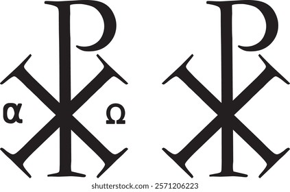 Chi Rho Christogram symbol. Alpha and omega Early Christianity Jesus monogram.	