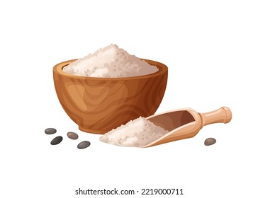 Chia flour in wooden bowl with seeds. Healthy gluten free food. POwed in organic product. Vector illustration isolated on white background.