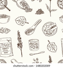 Chia hand drawn doodle pattern. Vector illustration. Isolated elements on chalkboard background. Symbol collection.