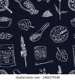 Chia hand drawn doodle Seamless pattern. Vector illustration. Isolated elements on chalkboard background. Symbol collection.