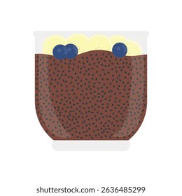 Chia pudding in glass jar. Chia chocolate delicious dessert with banana and blueberry. Healthy breakfast with chia seeds. Vector illustration.