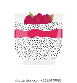 Chia pudding in glass jar. Chia delicious dessert with raspberry. Healthy breakfast with chia seeds. Vector illustration.
