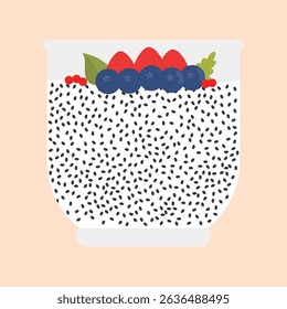Chia pudding in glass jar. Chia delicious dessert with strawberry and blueberry. Healthy breakfast with chia seeds. Vector illustration.