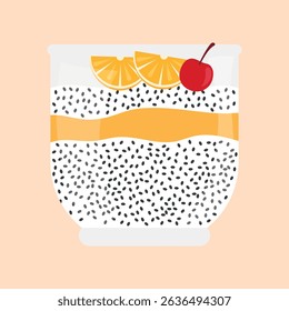 Chia pudding in glass jar. Chia delicious dessert with orange and cherry. Healthy breakfast with chia seeds. Vector illustration.