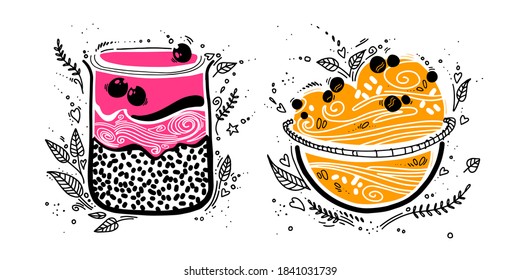 Chia pudding with granola in doodle style on white background. cute stylized vector illustration with organic breakfast superfood. healthy food.