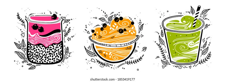 Chia pudding, granola, smoothie in doodle style on white background. cute stylized vector illustration with organic breakfast superfood. healthy food.