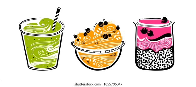 Chia pudding, granola, smoothie in doodle style on white background. hipsters healthy food concept. cooking options. vector sketch with superfood.