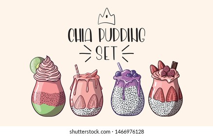 chia pudding illustration set. fruit and berry healthy desserts, breakfasts color vector illustration. 
organic chia seeds drinks. smoothie with whipped cream