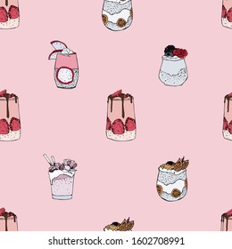 Chia pudding seamless pattern on pink background. Chia seeds pudding, strawberry, chocolate, berries. Vector stock illustration.