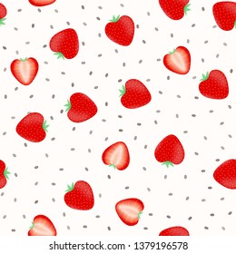 Chia pudding with strawberry slices seamless pattern. Organic food vector illustration. Healthy nutrition concept. Vegetarian food.